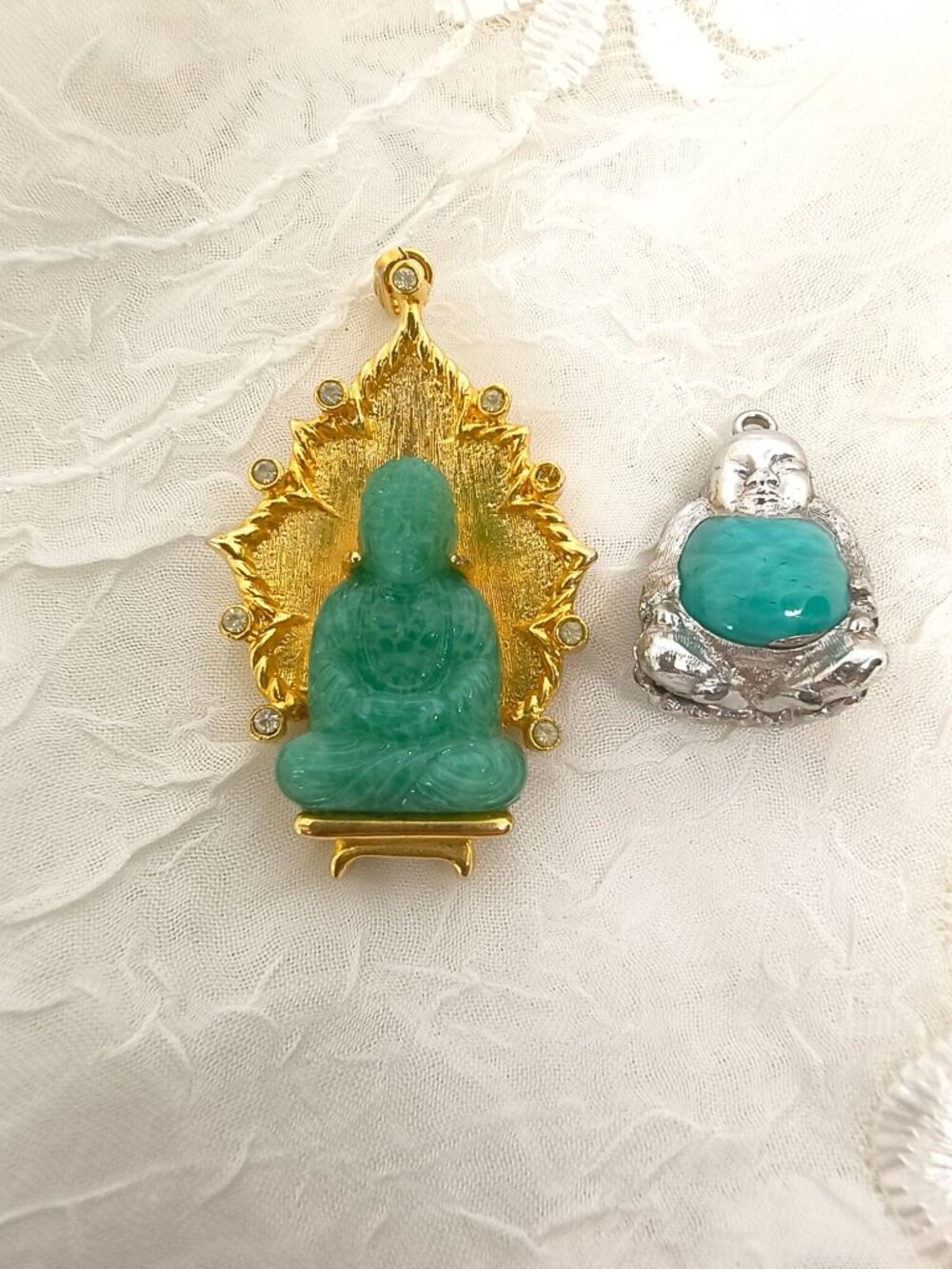 Vintage Asian Revival Faux Jade Glass Buddha Pendant & Monet Jelly Belly Buddha - Picture 2 of 9